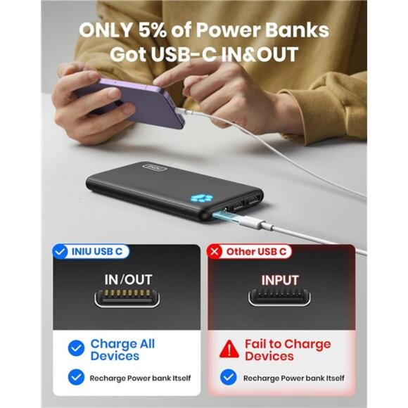 Portable Charger, Slimmest 10000mAh 5V/3A Power Bank, USB C in&Out - Picture 5 of 7